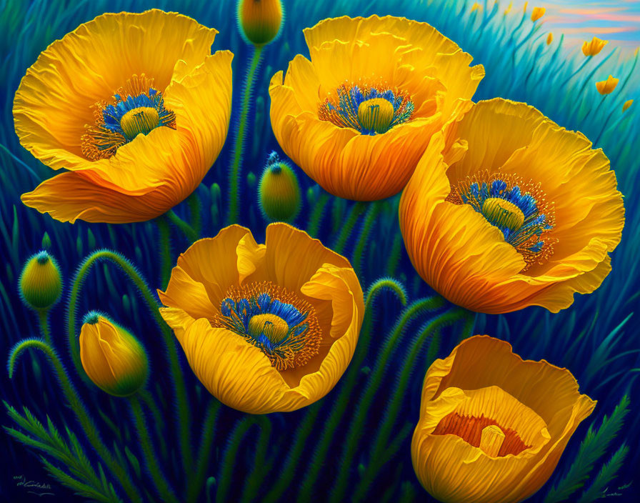 Colorful Painting of Yellow Poppies on Blue-Green Stems in Field Scene