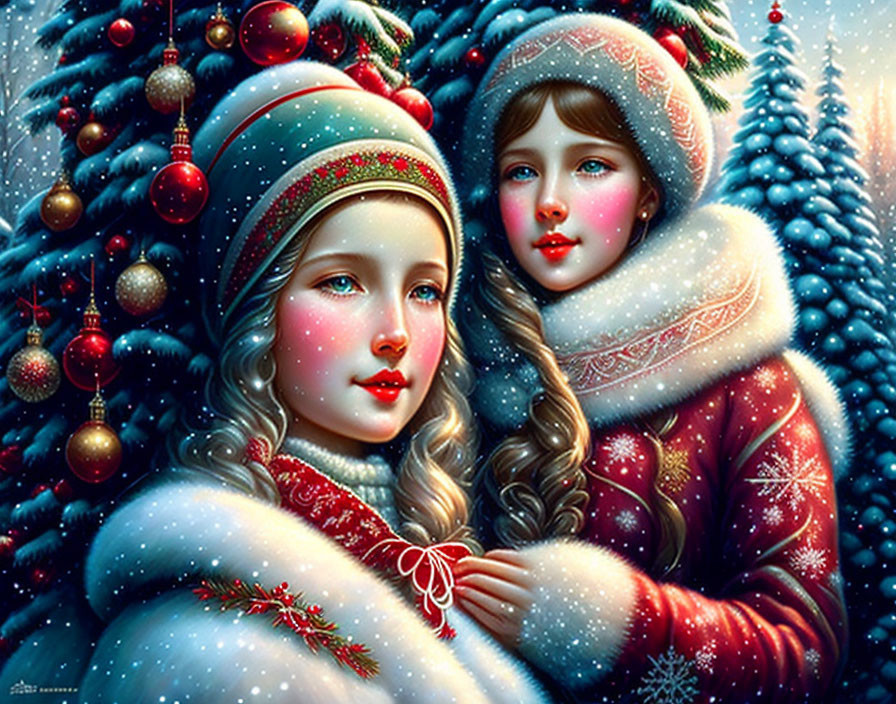 Two girls in winter clothing with Christmas tree and snowflakes.