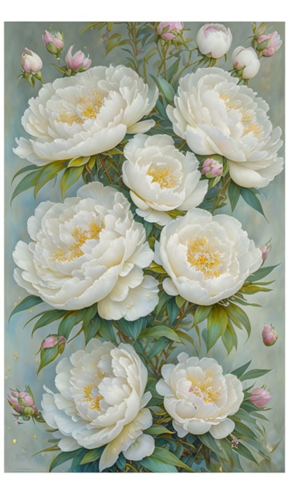 White Peonies Painting with Yellow Centers and Green Foliage