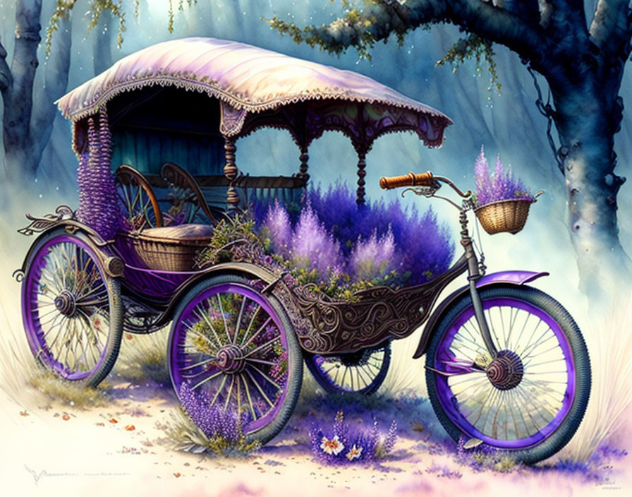 Vintage Bicycle with Purple Flowers in Enchanting Forest Setting