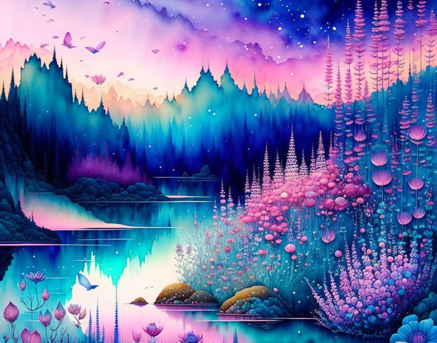 Colorful Landscape with Pink Flora, Tranquil Lake, and Purple Mountains