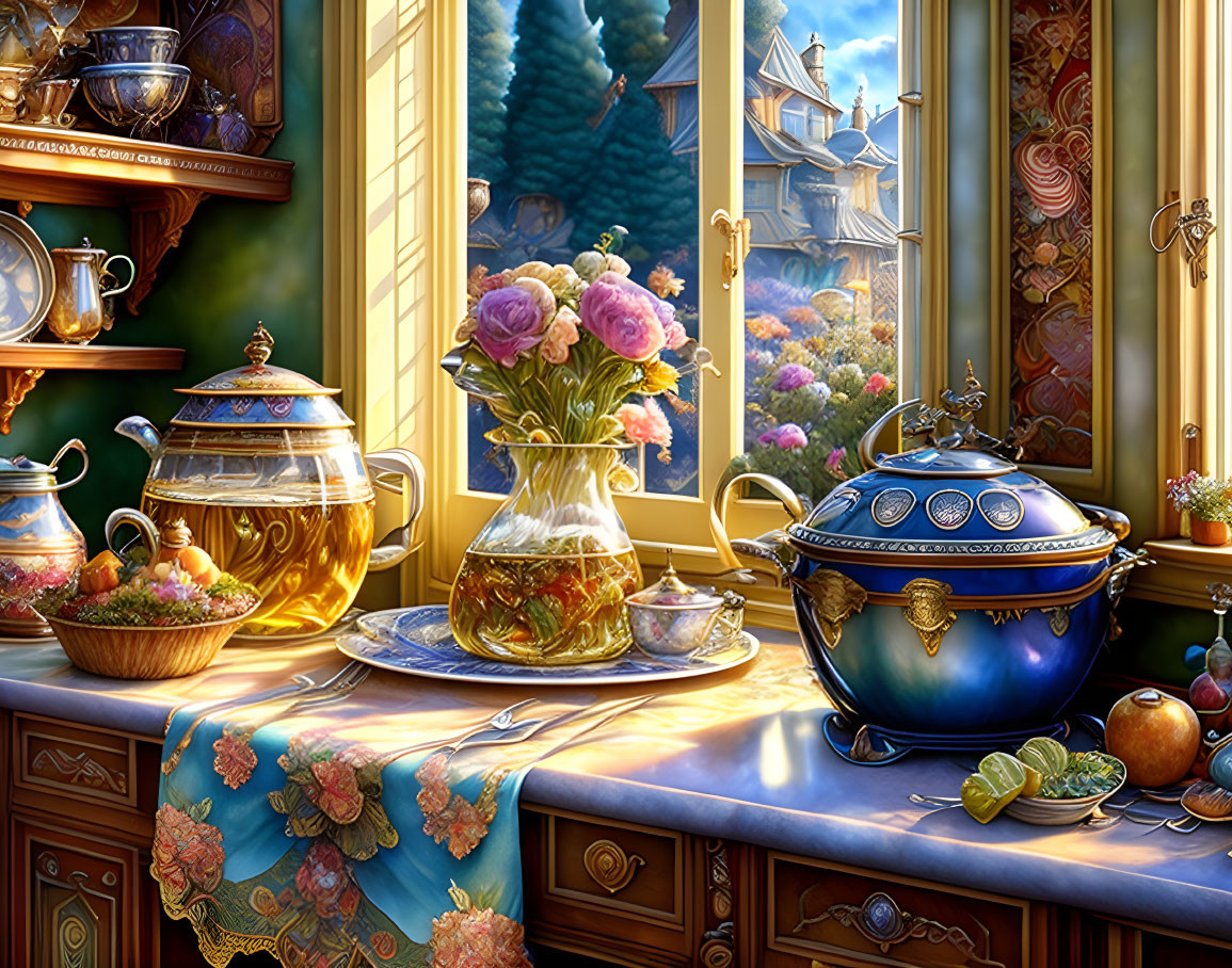 Golden teapot, floral vase, soup tureen, fruits in a vibrant kitchen scene with village view