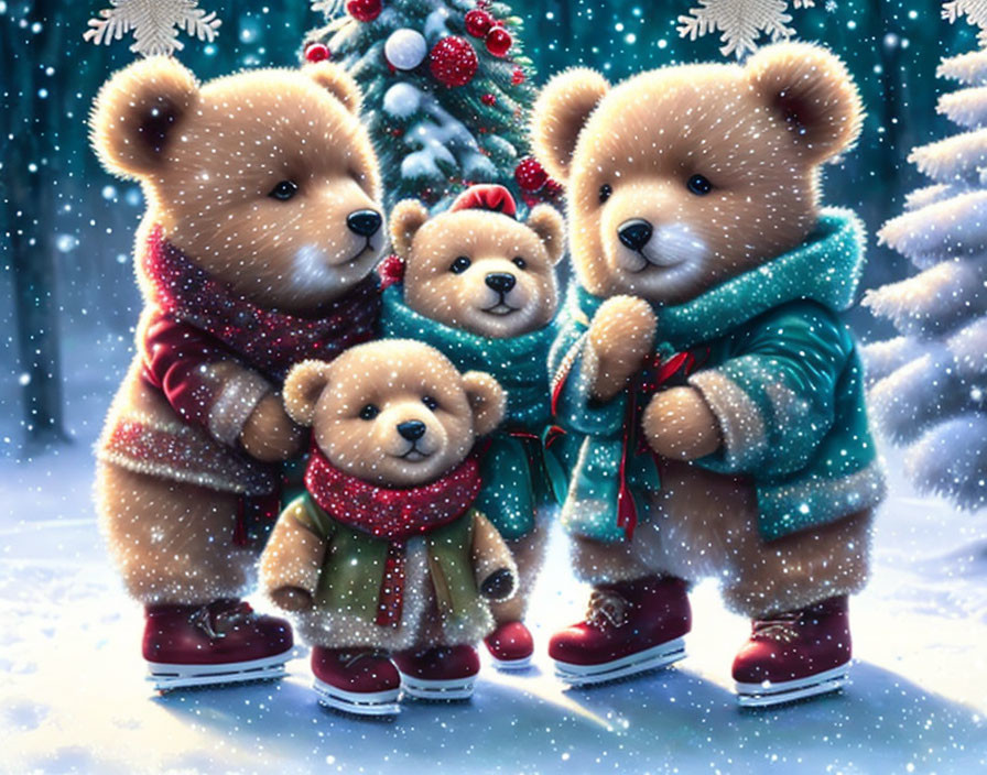 Three Teddy Bears in Winter Clothing with Christmas Tree