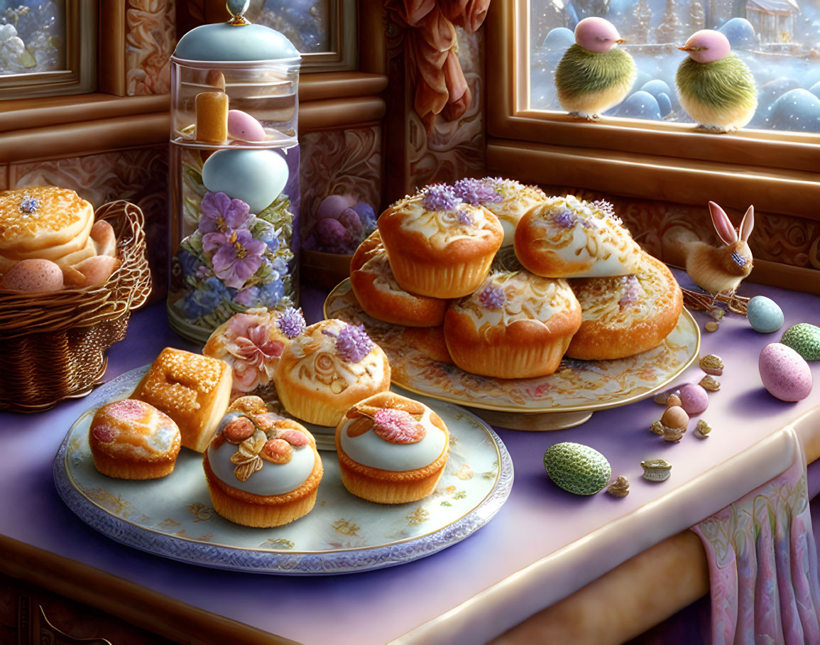 Ornate pastries with fluffy creature, rabbit, and colorful eggs by window