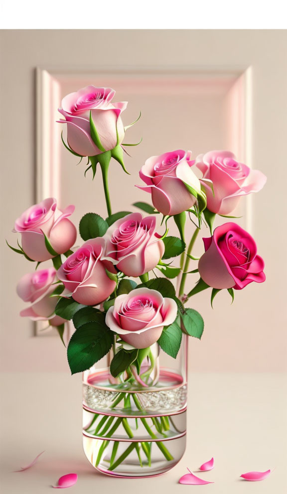 Pink roses bouquet in clear glass vase on beige background