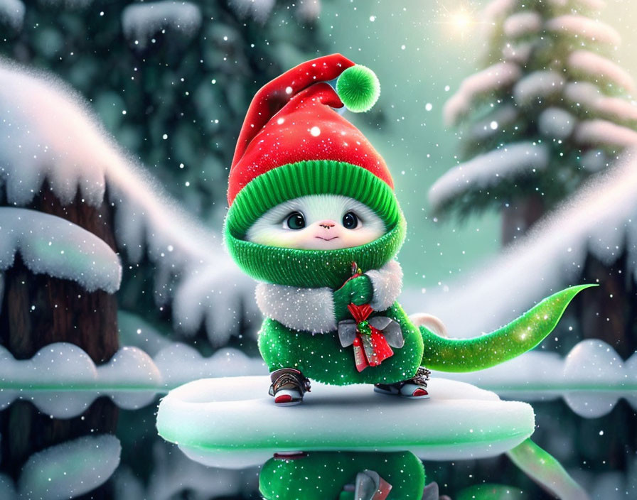 Green lizard in Santa hat with present on snowy surface