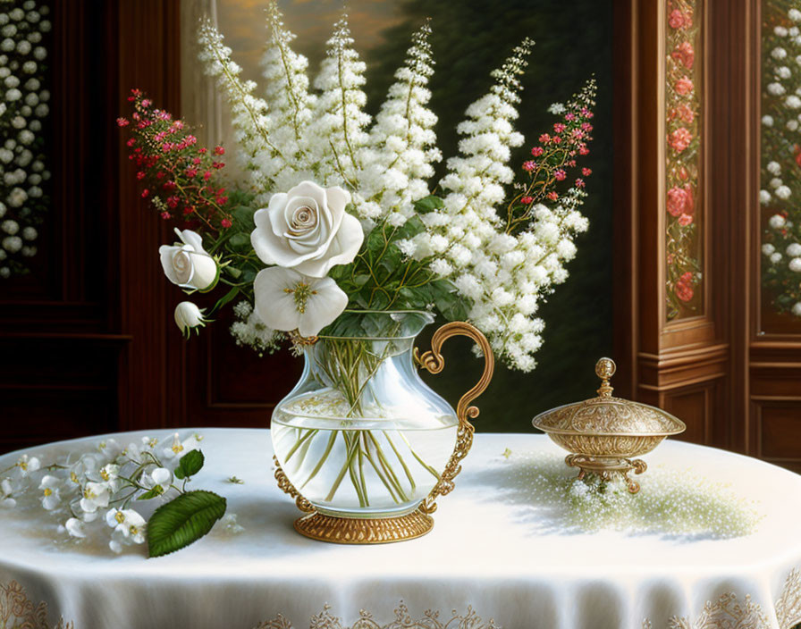 Gold-trimmed vase with white roses and baby's breath on table by open window