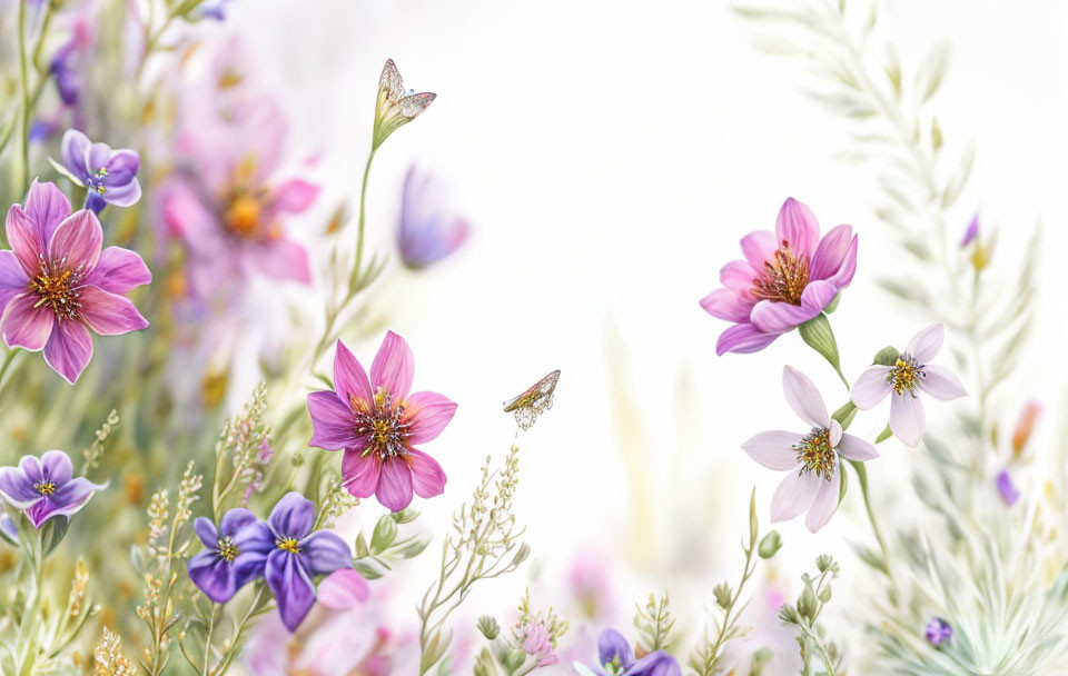 Pink Flowers and Butterflies in Green Foliage Setting