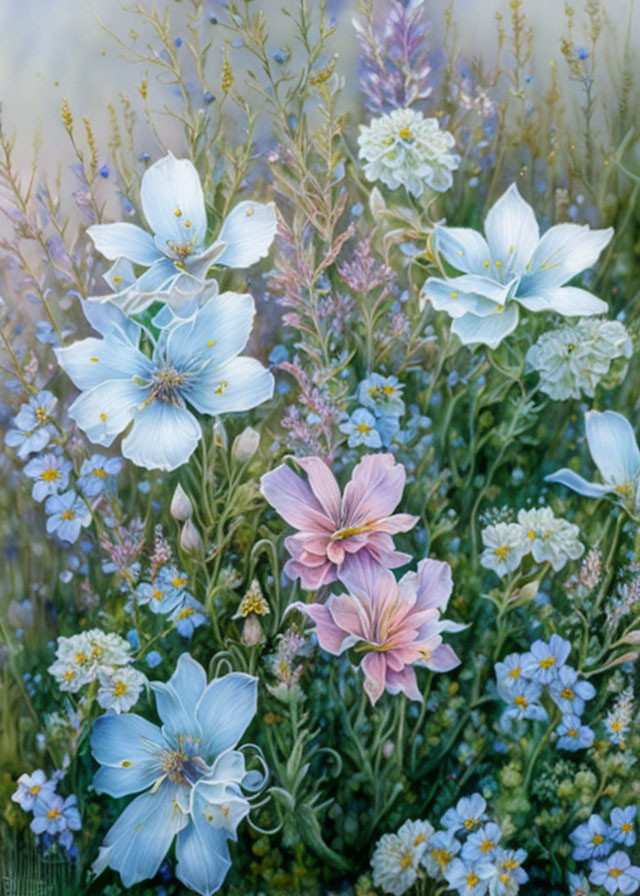 Tranquil floral painting with blue and pink flowers and soft greenery