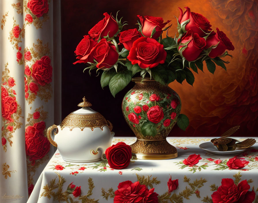 Classic Still Life with Red Roses, Teacup, and Tablecloth