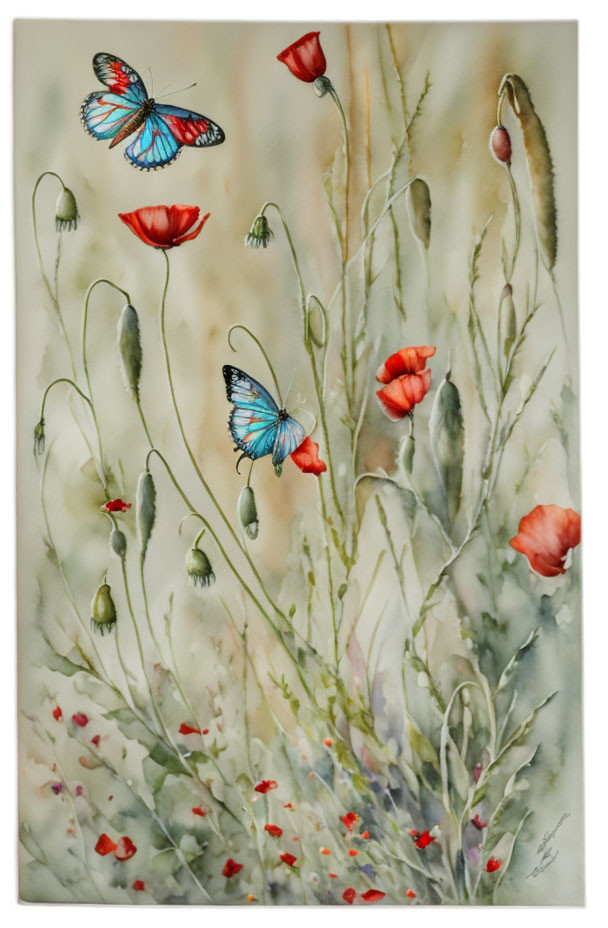 Serene watercolor painting of meadow with red poppies and blue butterflies