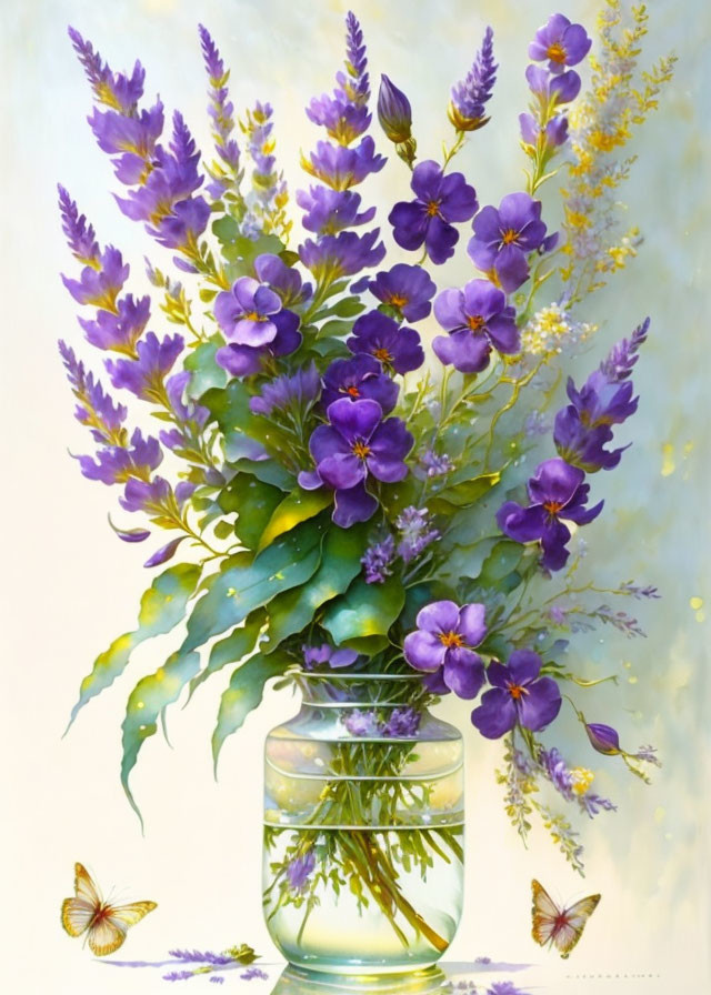 Purple flowers and butterflies in glass vase on light background