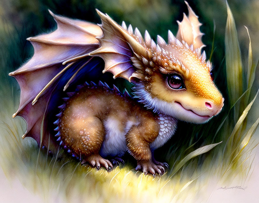 Illustrated baby dragon with big eyes and small wings in grassy area