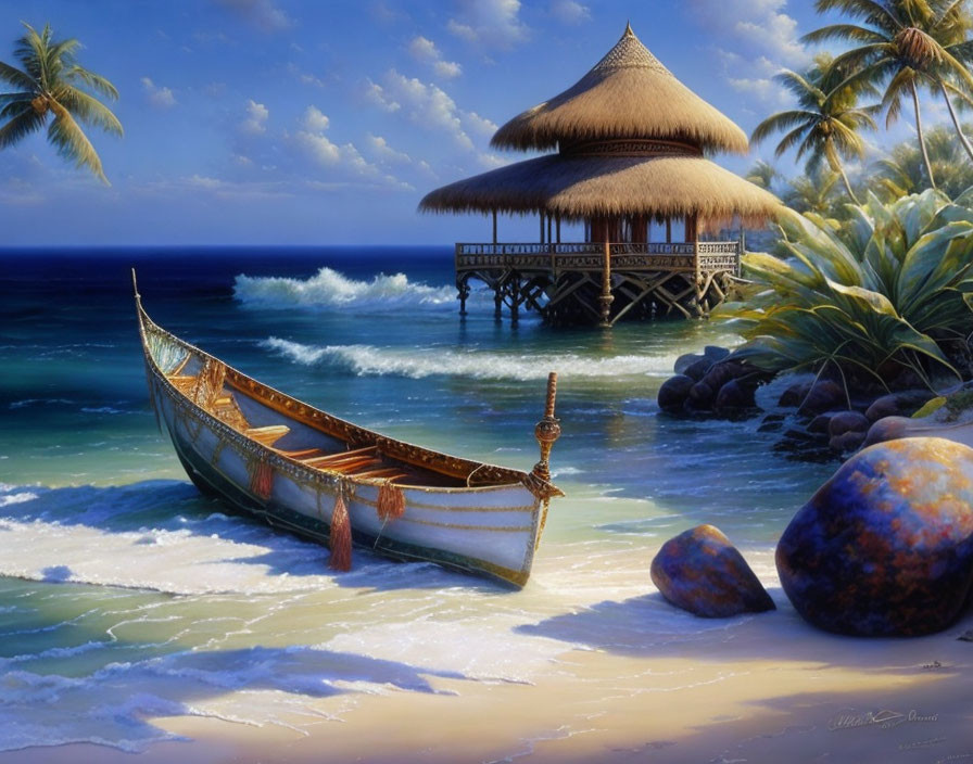 Tranquil beach landscape with traditional boat, thatched hut, palm trees, and rocks.