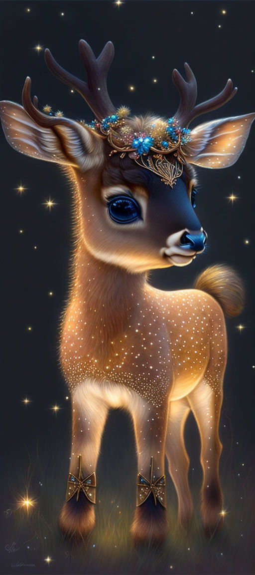 Illustration of a Sparkling Brown Deer with Flower Crown and Glowing Stars