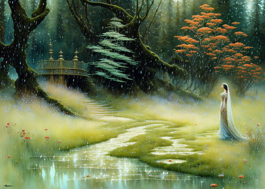 Woman in Long Dress in Mystical Forest with Bridge and Glowing Particles