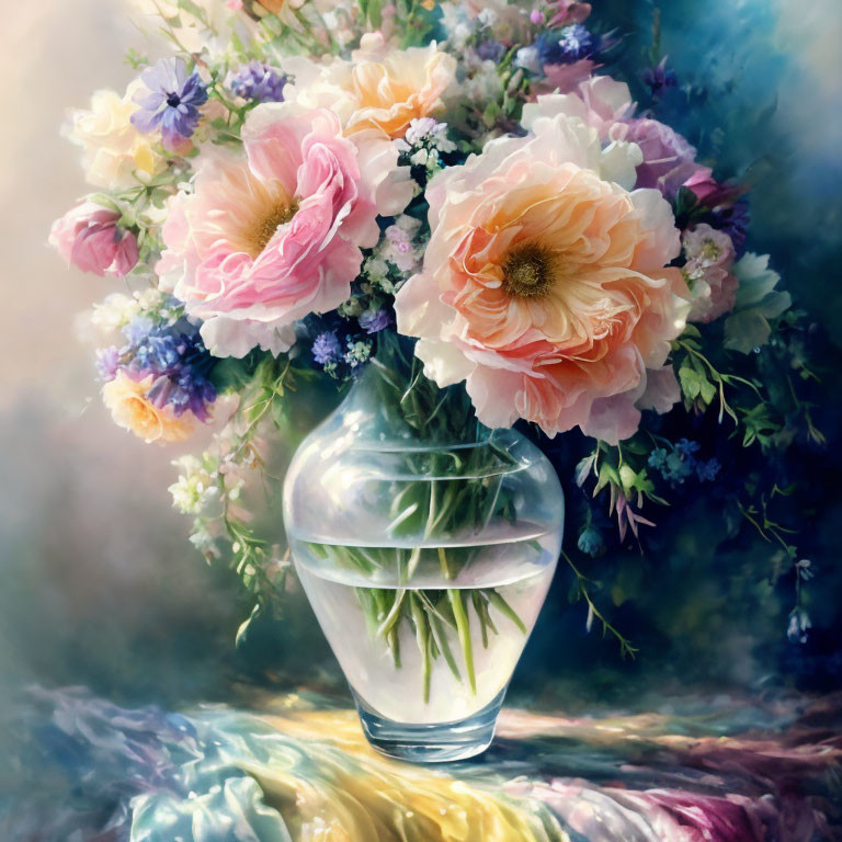 Pastel Mixed Flower Bouquet in Clear Vase on Soft-focus Background