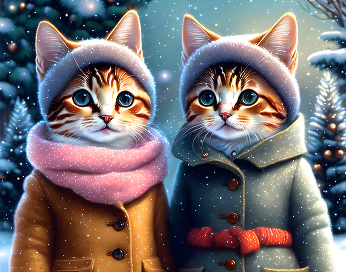 Two cute cats in winter coats and scarves in snowy setting