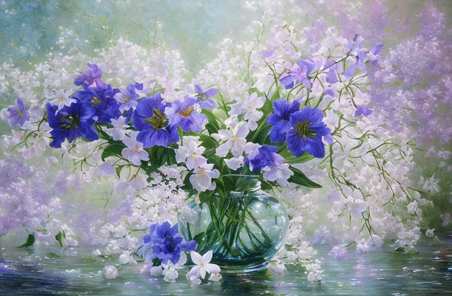 Blue and White Flowers in Clear Glass Vase on Soft-focus Background