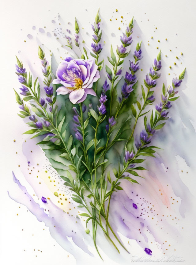 Purple Flower Watercolor Painting with Lavender Sprigs and Blended Background