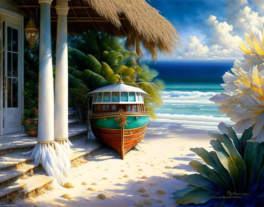 Colorful painting of boat on beach with thatch-roofed structure