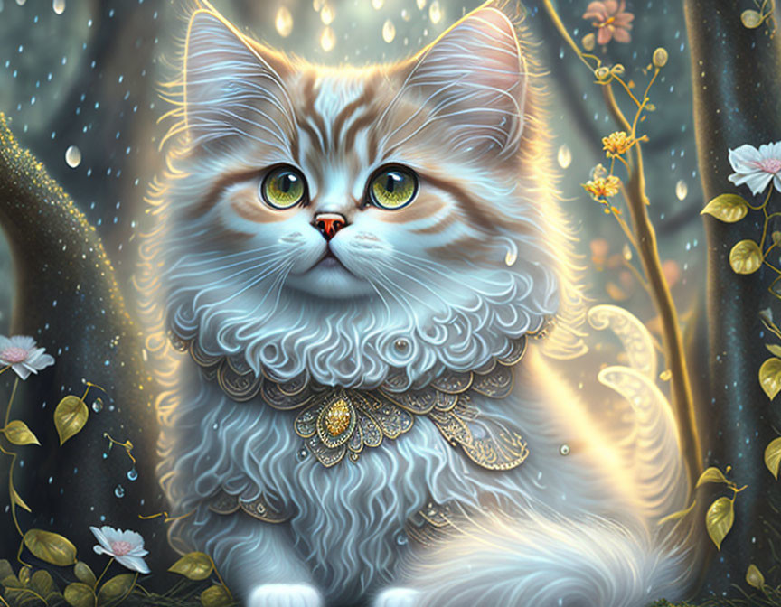 Fluffy cat with striking eyes in mystical forest with snowfall