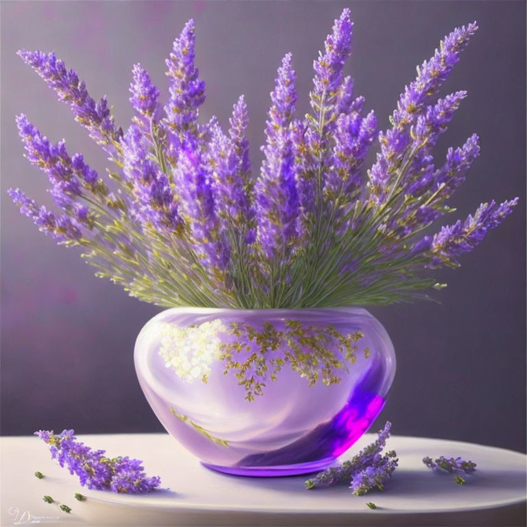 Realistic digital artwork of glass vase with blooming lavender on violet background