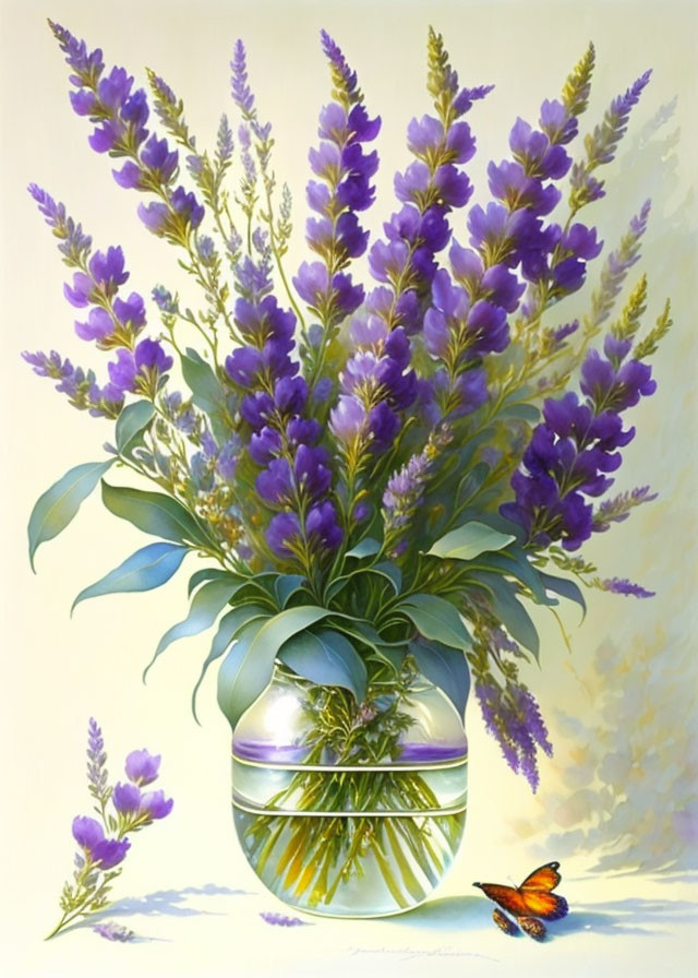 Purple Flowers in Glass Vase with Butterfly on Soft Yellow Background