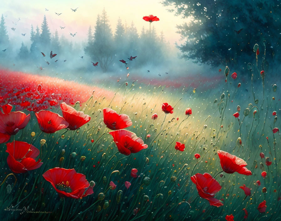 Colorful poppy field painting with misty forest and flying birds