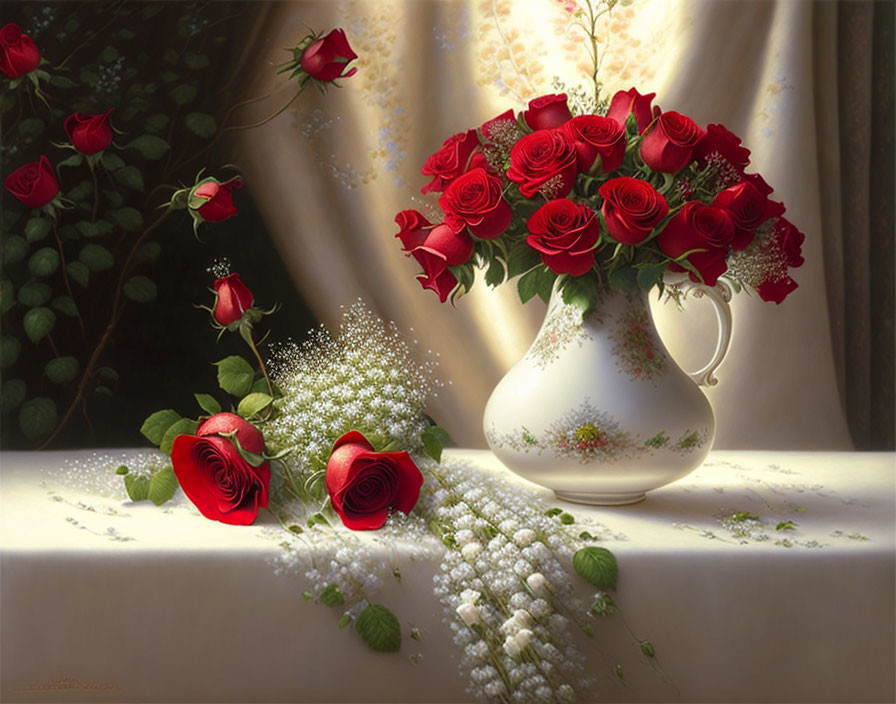 Red roses and baby's breath bouquet in white vase on table with sunlight.