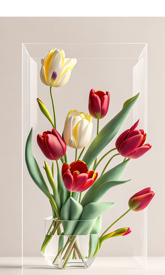 Transparent vase with red and white tulips on pale background