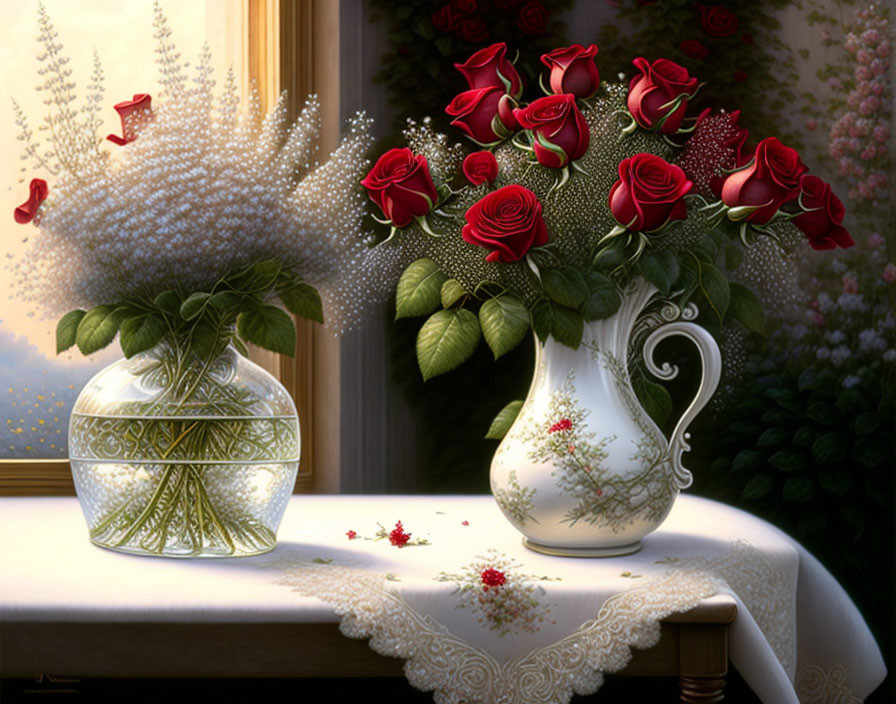 Vibrant red roses in white vase with baby's breath in crystal bowl by window