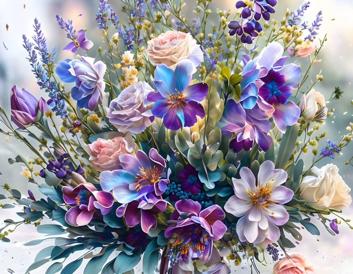 Colorful Purple, Blue, and Pink Floral Arrangement with Green Foliage on Soft Background