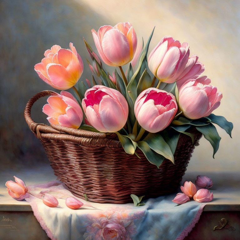 Pink and White Tulips in Wicker Basket with Loose Petals on Draped Cloth