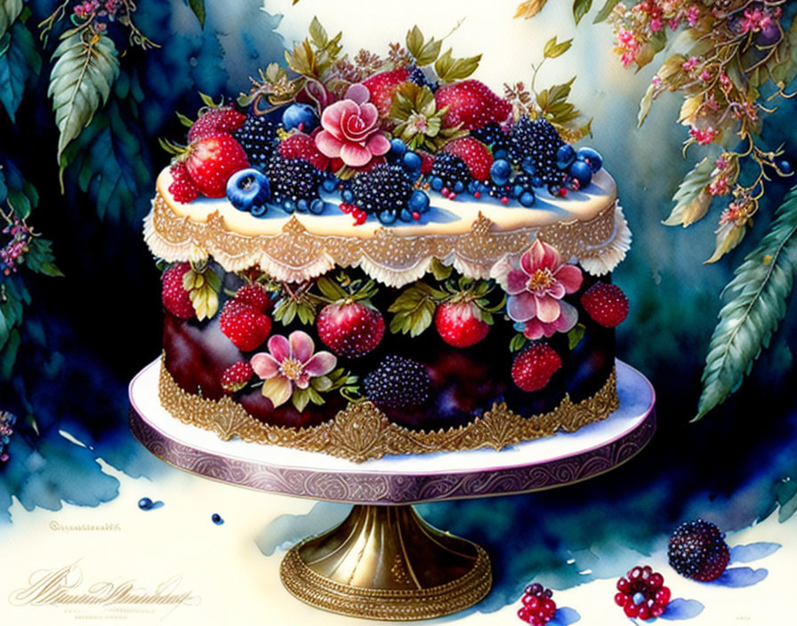 Elegant Cake with Berries and Flowers on Blue Floral Background