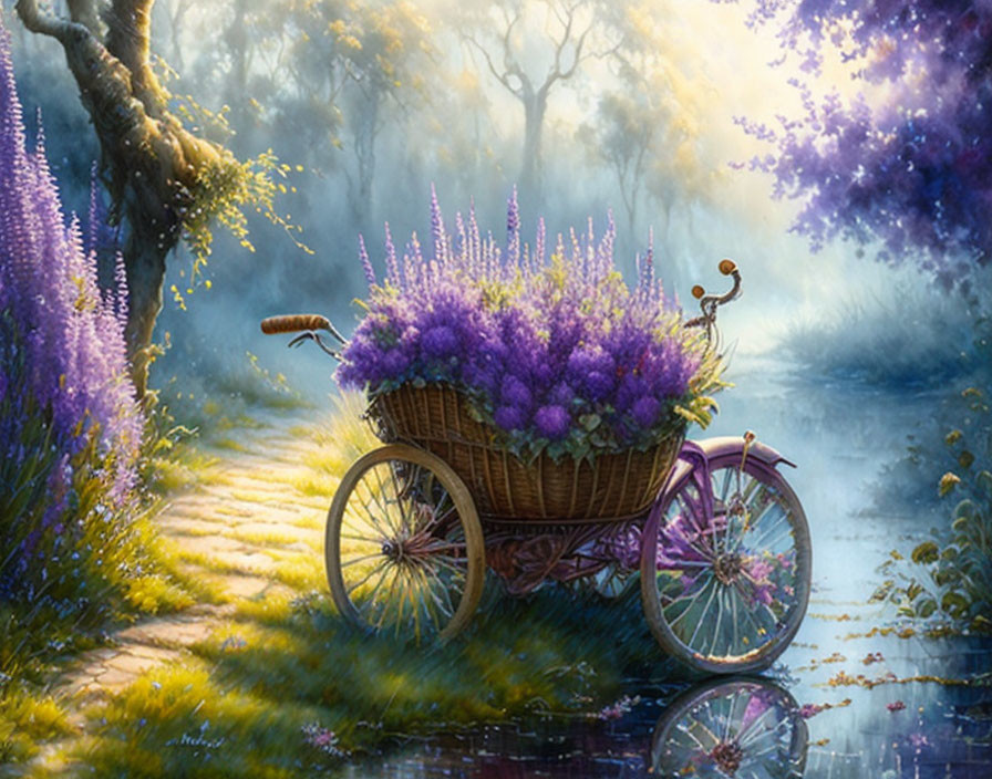 Vintage Bicycle with Purple Flowers by Reflective Pond in Misty Forest