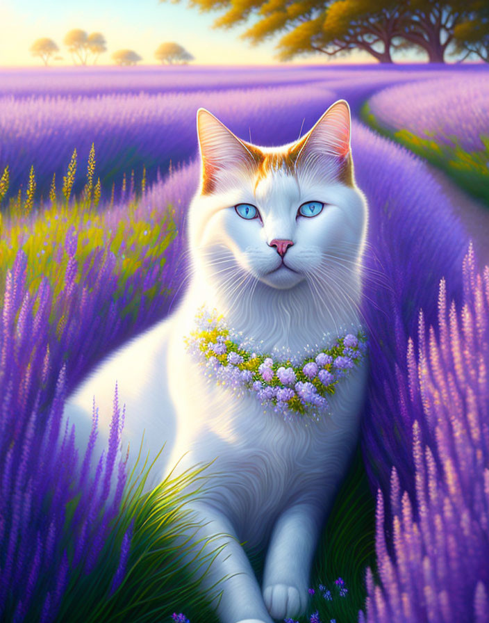 White Cat with Blue Eyes in Lavender Field with Floral Necklace