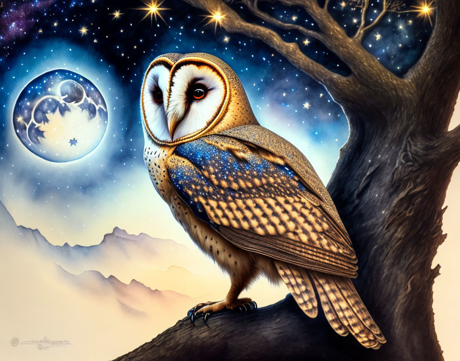 Nocturnal owl on tree branch under full moon