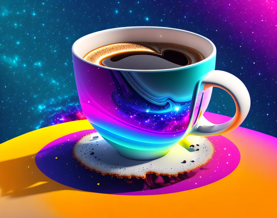 Colorful coffee cup in cosmic setting with cream splash.