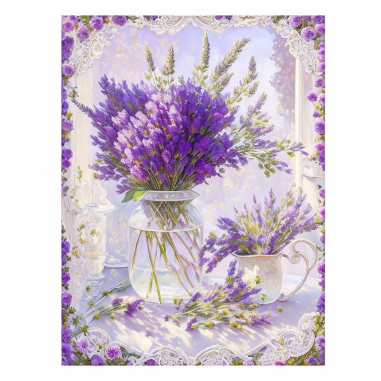 Purple flowers bouquet in clear vase with lace backdrop and teacup