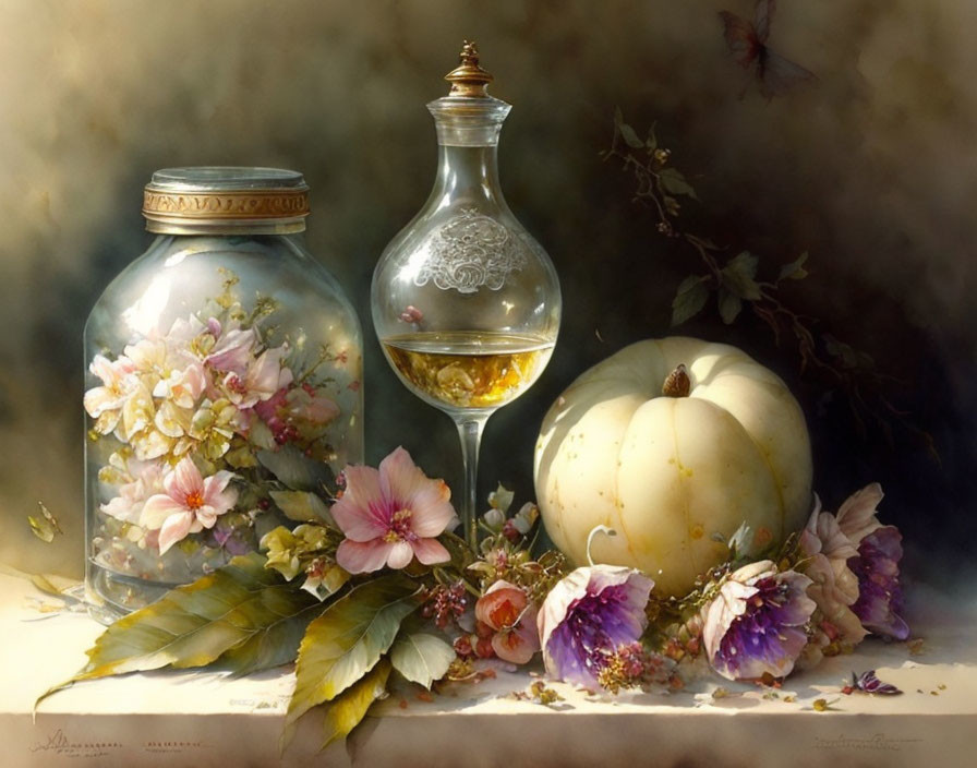 Classic Still Life Painting with Glass Jar, Decanter, Pumpkin, and Blossoms