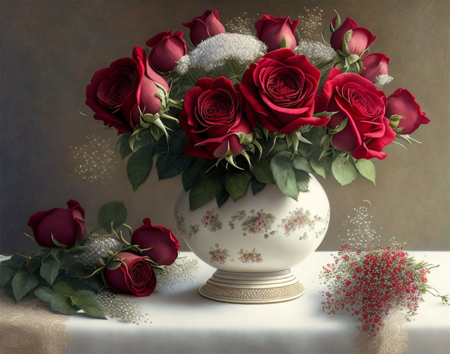 Red roses and baby's breath bouquet in ornate white vase on muted backdrop.