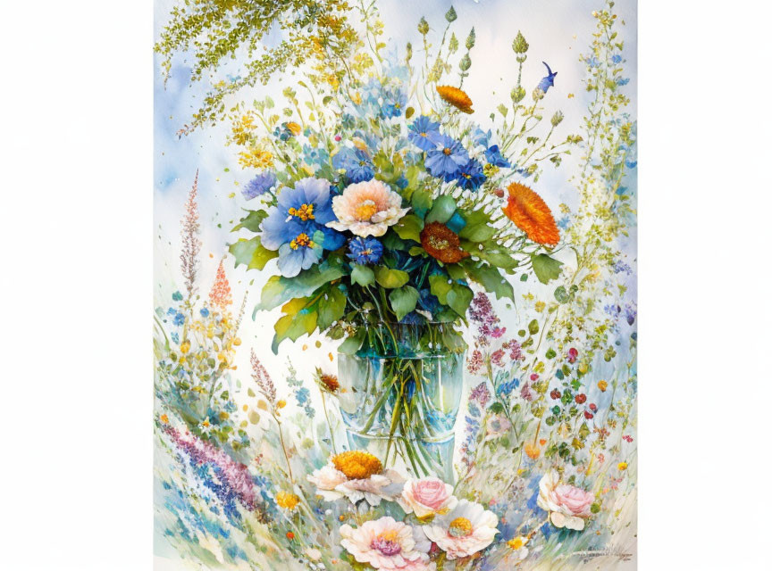 Colorful Watercolor Painting of Bouquet in Glass Vase