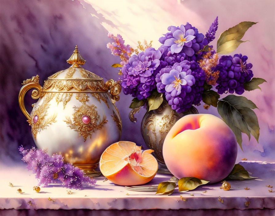 Ornate gold teapot, purple flowers, peach, orange on table - purple backdrop