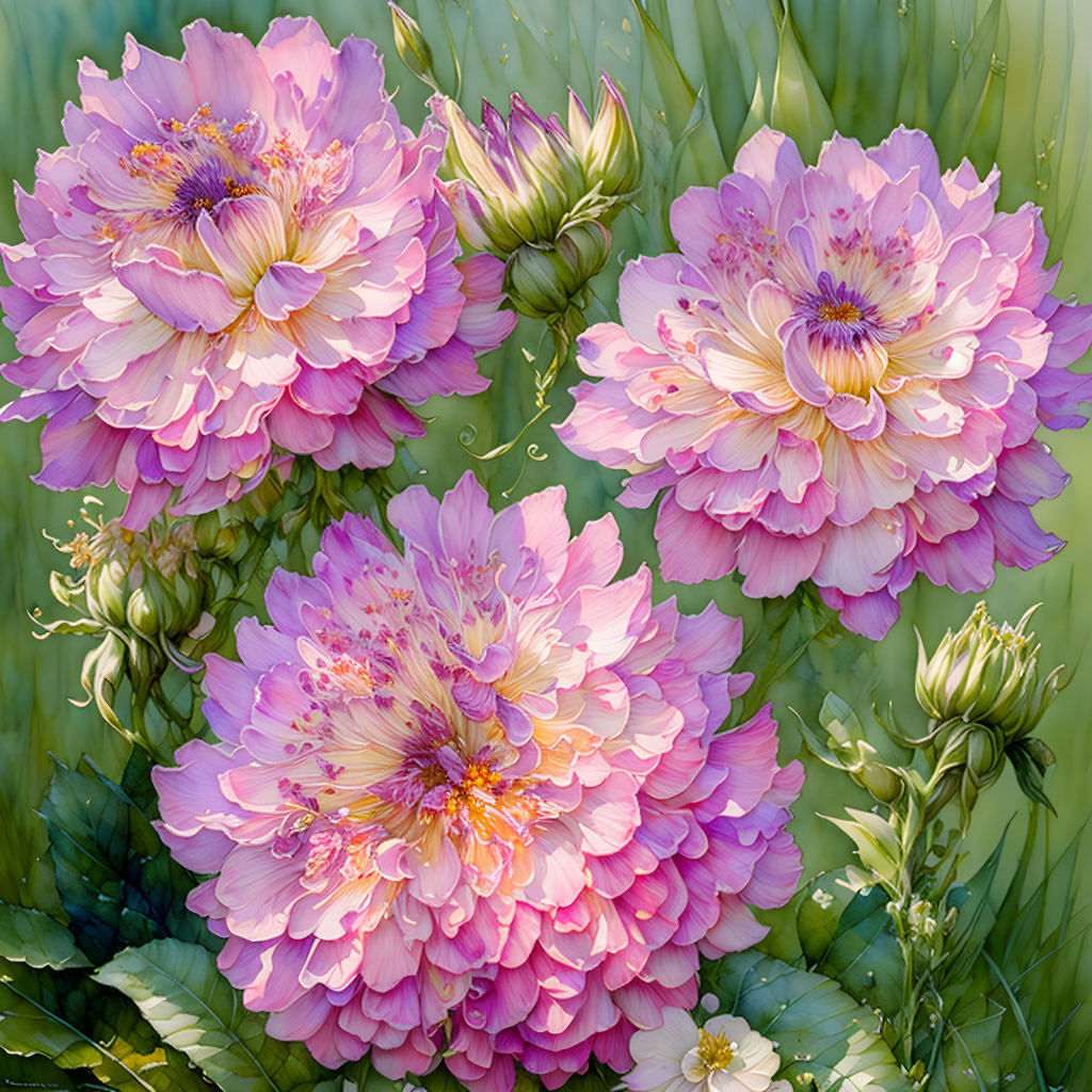 Vibrant Pink-Purple Peonies with Yellow Centers and Green Leaves