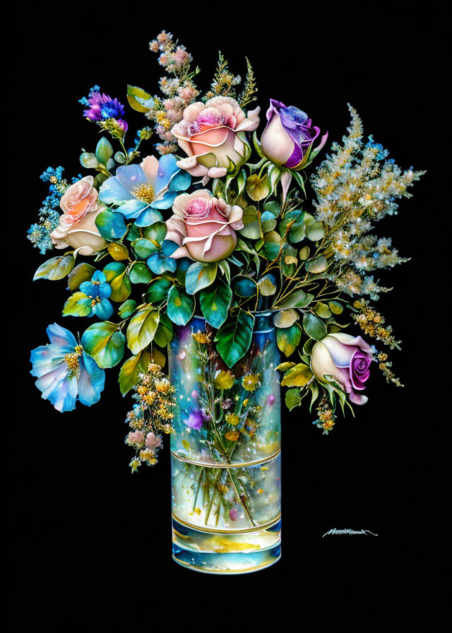 Multicolored Roses and Flowers in Clear Vase on Black Background