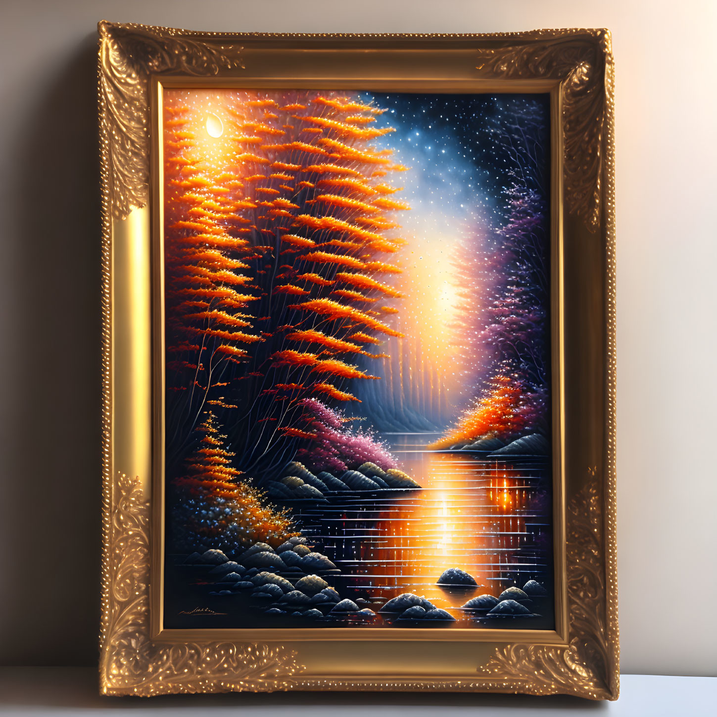 Autumnal trees and starry night sky in ornate framed painting