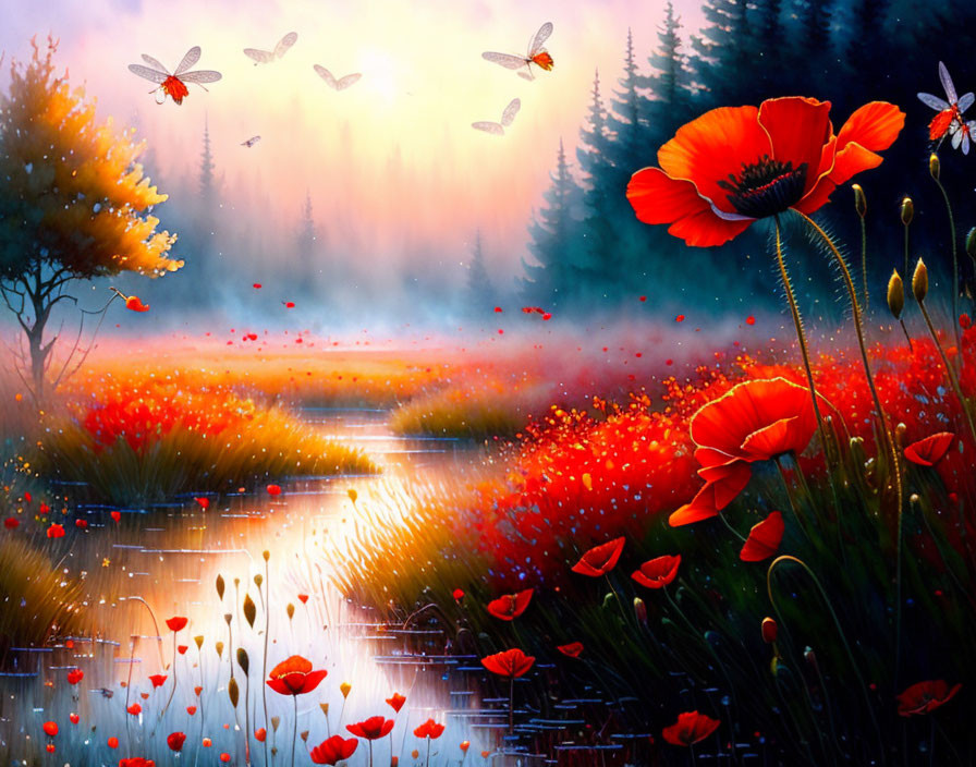 Scenic poppy field painting at dusk with dragonflies and misty forest background