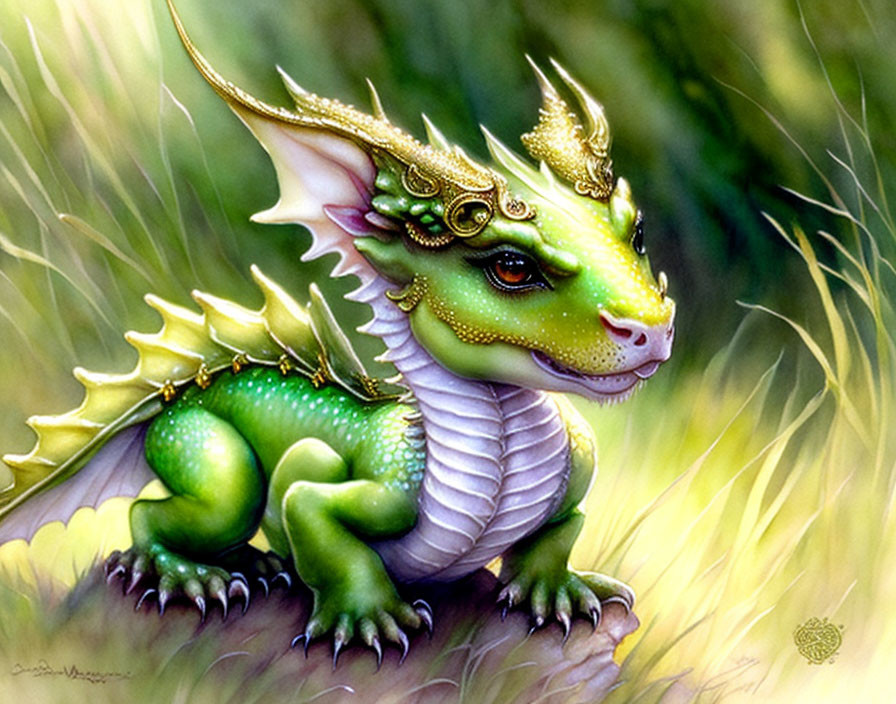 Whimsical green dragon with golden accents in grassy field