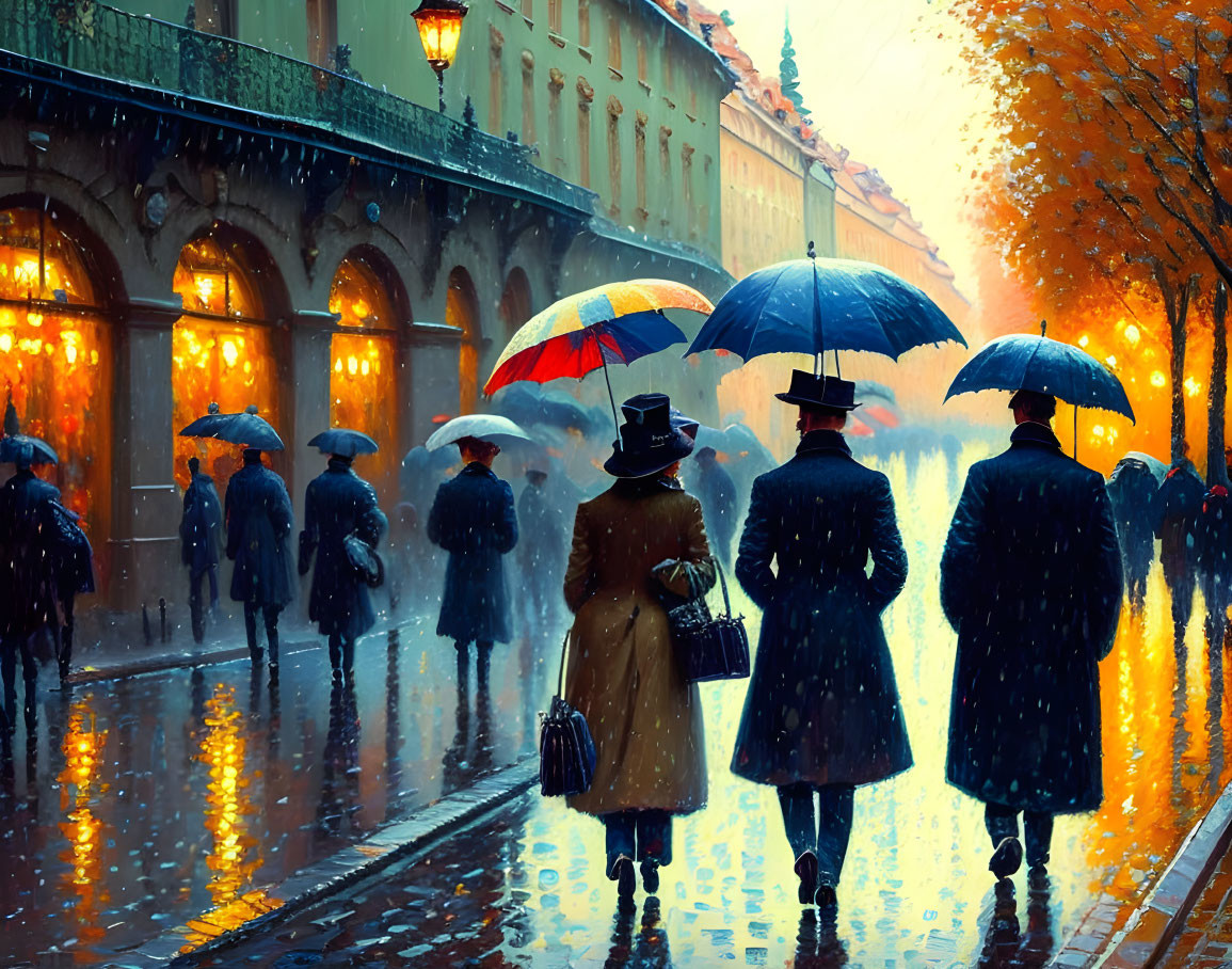 Rainy cobblestone street scene with people holding umbrellas at twilight